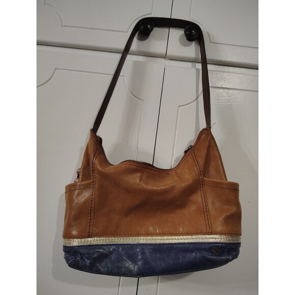 The Sak Tan and Navy  Leather Shoulder Bag with Logo Tag Purse Handbag - Picture 4 of 9